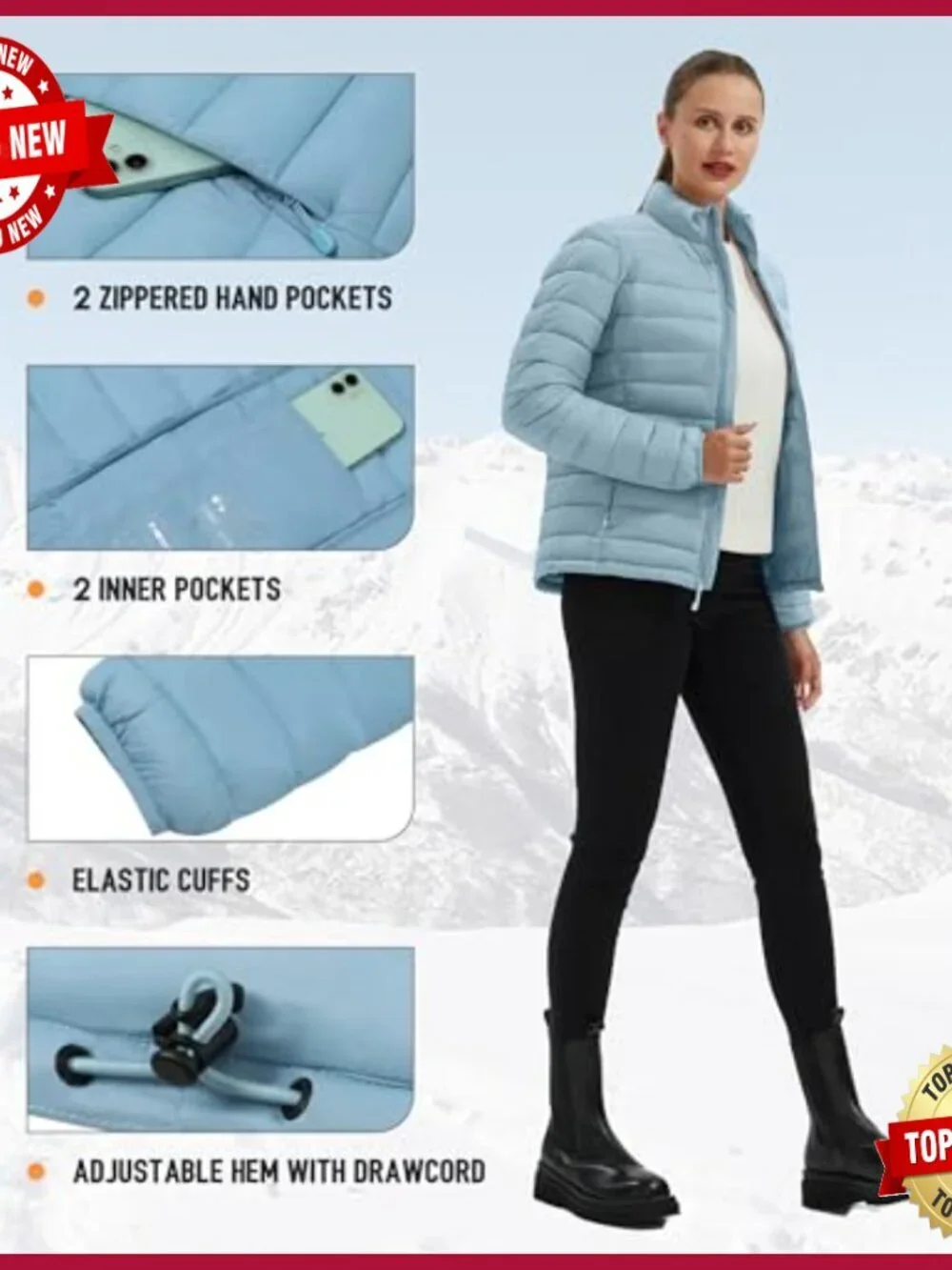 Lightweight Packable Puffer Jacket Winter Quilted Coat Water-Repellent Insulated